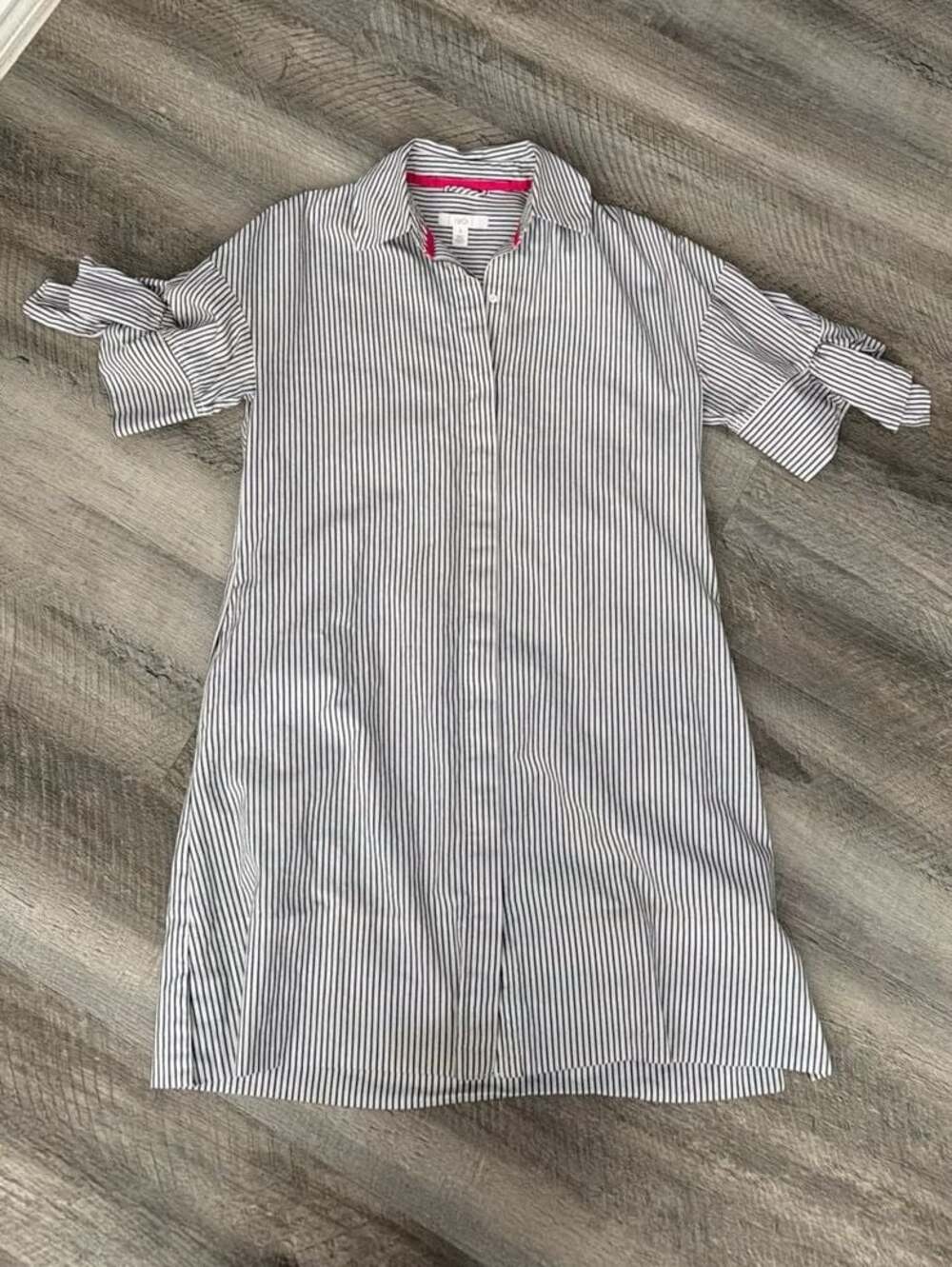 1901 Nordstrom Striped Shirtdress with Tie Sleeves and Pink Trim Collar Size 2